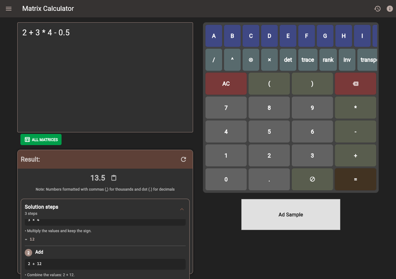 Matrix Calc. showing a result with its step-by-step solution